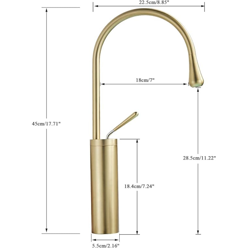 Premium Slim Neck Basin Faucet 17" inches in Copper Gold | Stainless Steel | Hot and Cold Mixer