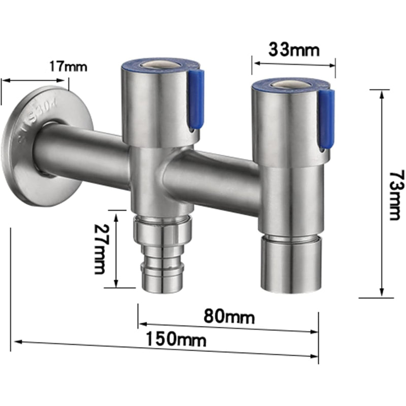 2 in 1 Bibcock in Stainless Steel for Bathrooms, Washing Machines or Wash Areas