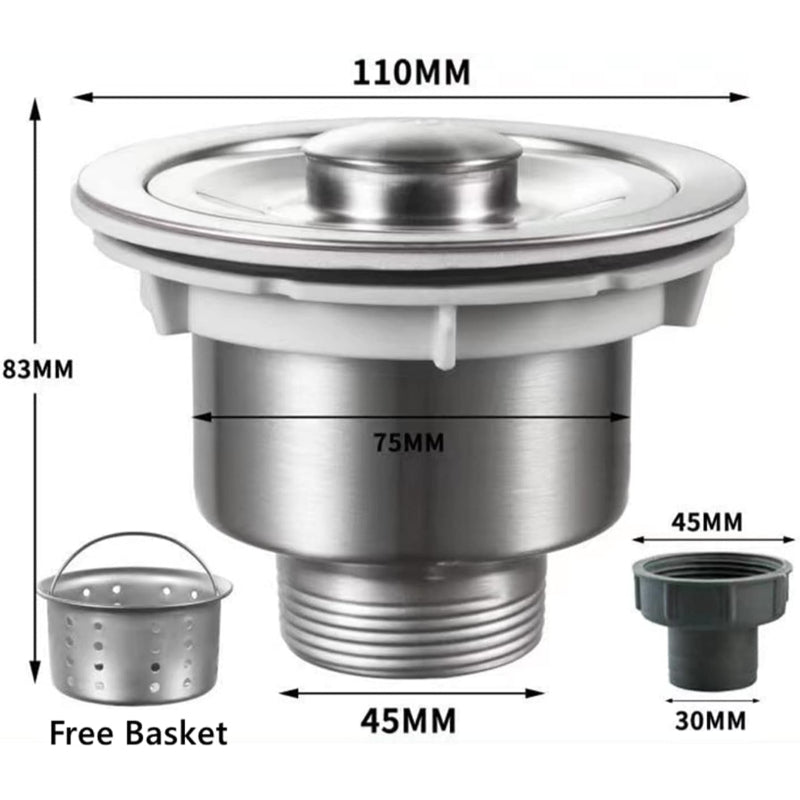 Kitchen Sink Drain 3.5" inches Inlet Size with Removable Strainer Basket in Stainless Steel