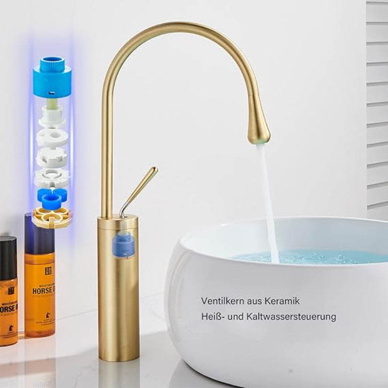 Premium Slim Neck Basin Faucet 17" inches in Copper Gold | Stainless Steel | Hot and Cold Mixer