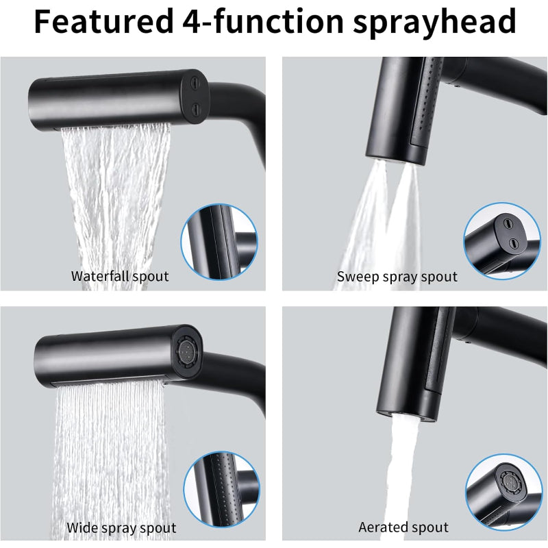 4 in 1 Waterfall 360° Moveable Kitchen Faucet in Black | Stainless Steel Body with ABS Plastic Sprayer | Hot and Cold Mixer