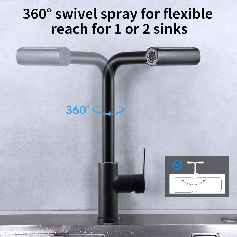 4 in 1 Waterfall 360° Moveable Kitchen Faucet in Black | Stainless Steel Body with ABS Plastic Sprayer | Hot and Cold Mixer