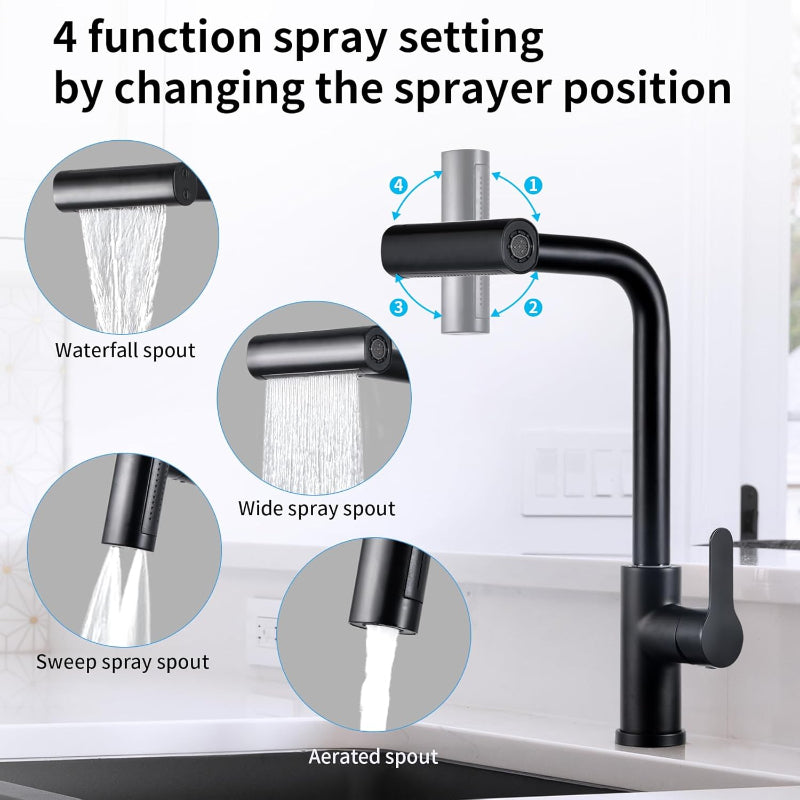 4 in 1 Waterfall 360° Moveable Kitchen Faucet in Black | Stainless Steel Body with ABS Plastic Sprayer | Hot and Cold Mixer