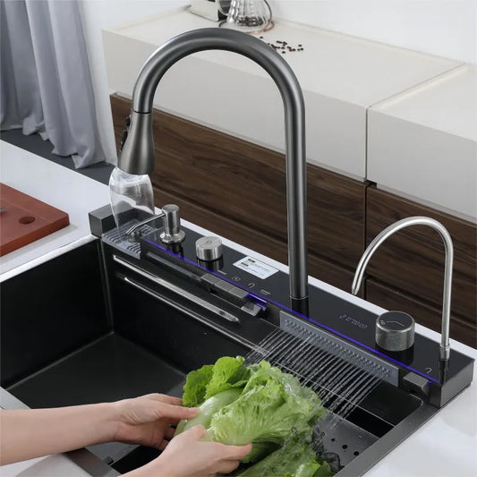 Multifunction Piano Kitchen Sink in Stainless Steel with LED Panel | 30" x 18" inch | Scratch Proof Honeycomb Layering