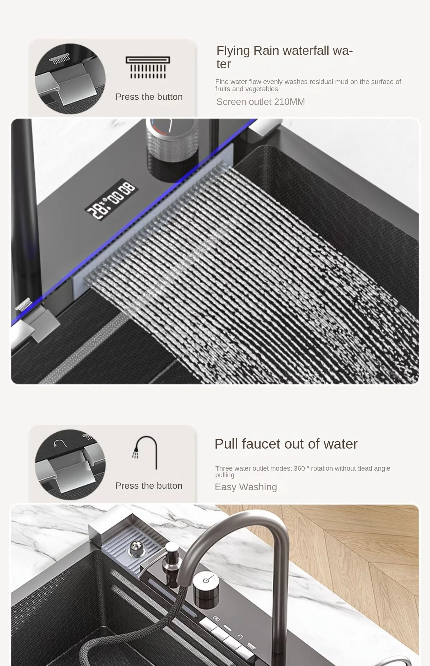 Multifunction Piano Kitchen Sink in Stainless Steel with LED Panel | 30" x 18" inch | Scratch Proof Honeycomb Layering