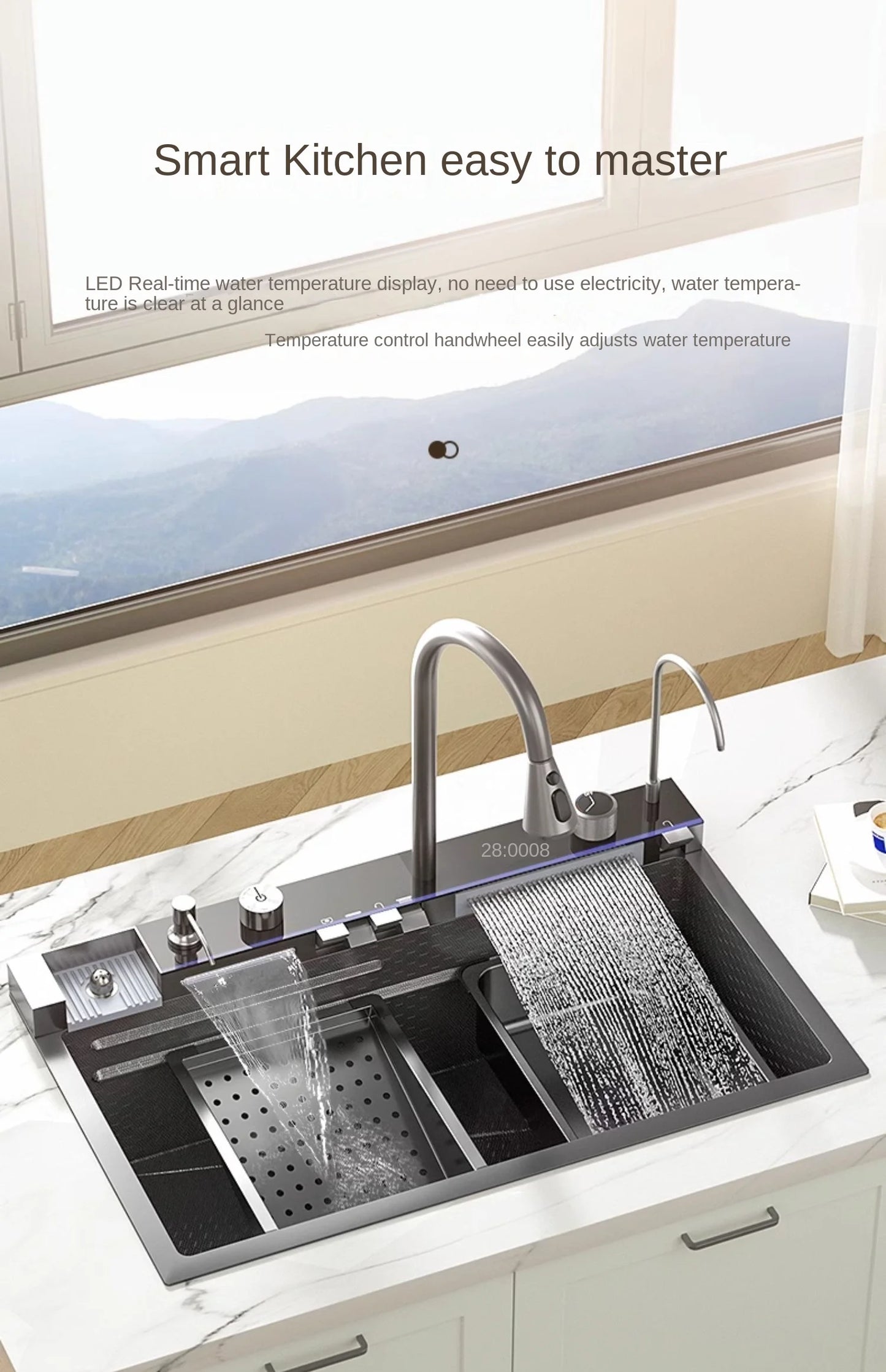 Multifunction Piano Kitchen Sink in Stainless Steel with LED Panel | 30" x 18" inch | Scratch Proof Honeycomb Layering