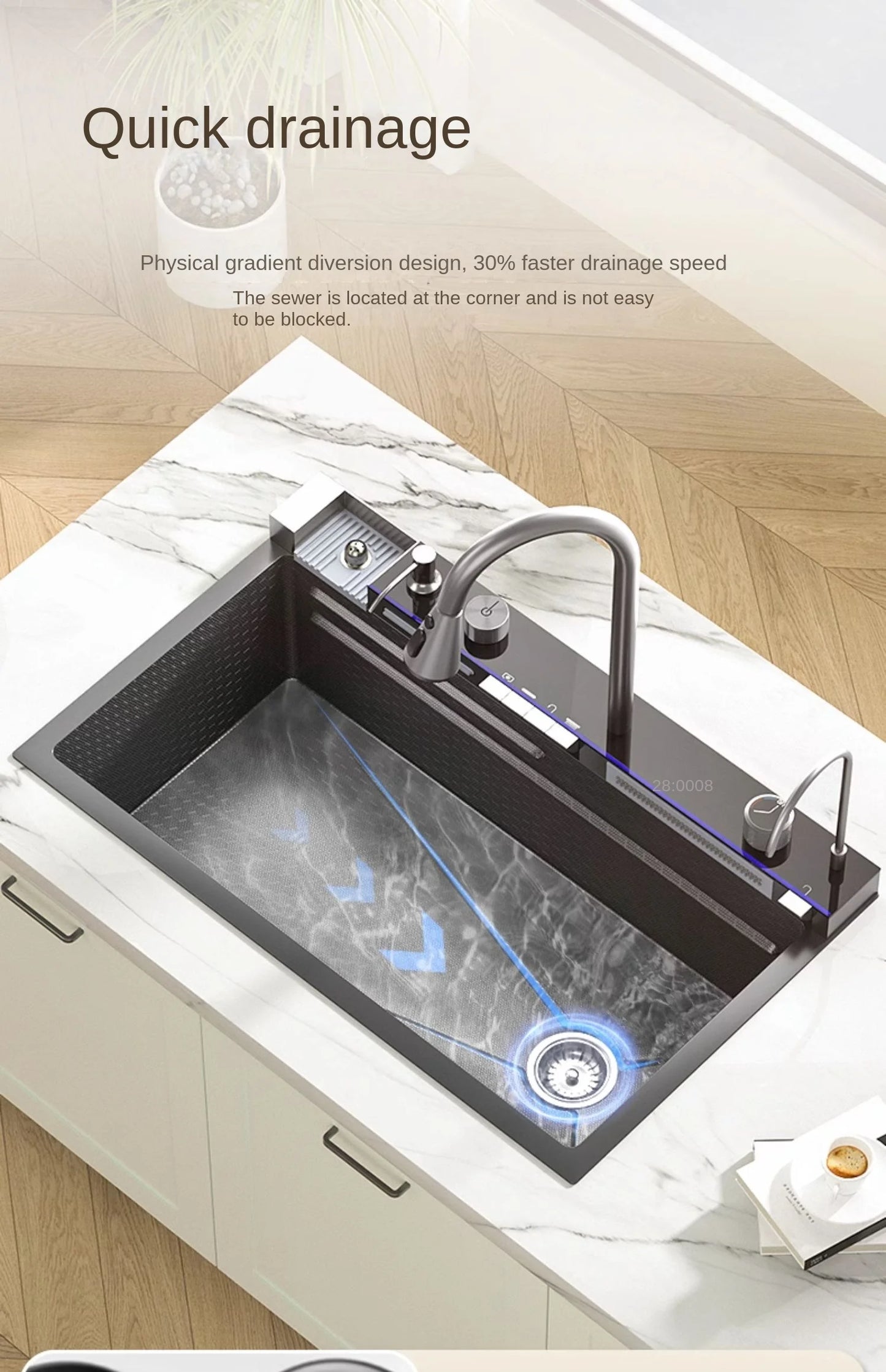 Multifunction Piano Kitchen Sink in Stainless Steel with LED Panel | 30" x 18" inch | Scratch Proof Honeycomb Layering