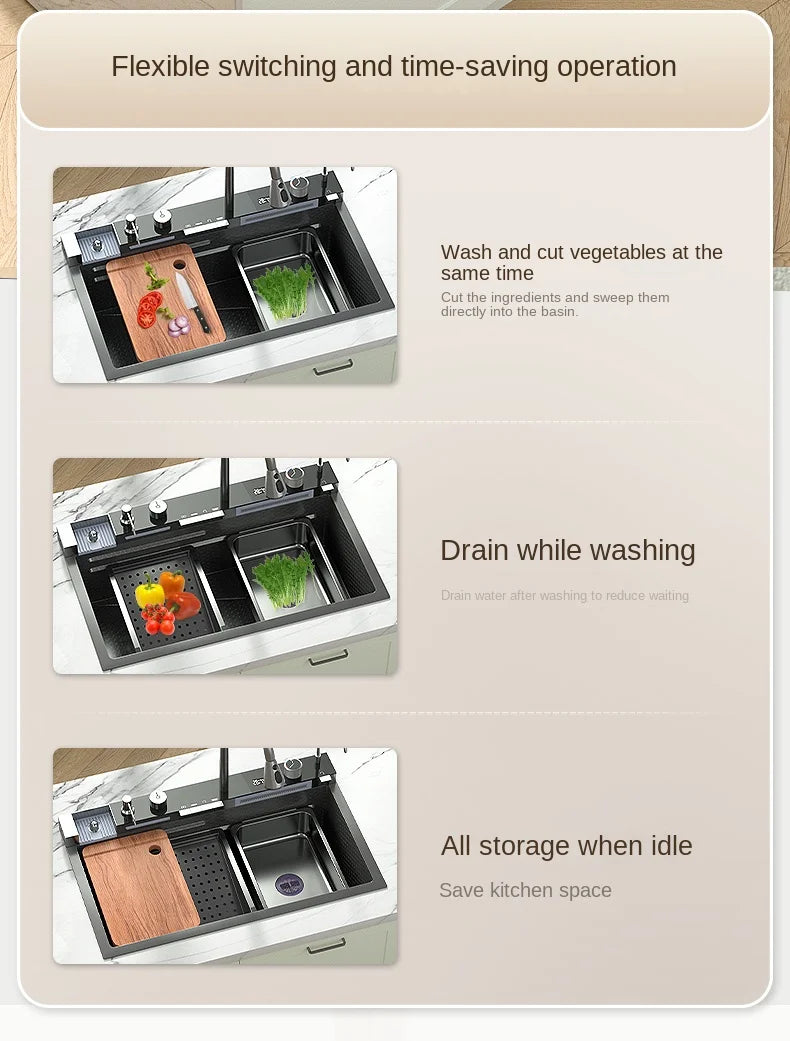 Multifunction Piano Kitchen Sink in Stainless Steel with LED Panel | 30" x 18" inch | Scratch Proof Honeycomb Layering