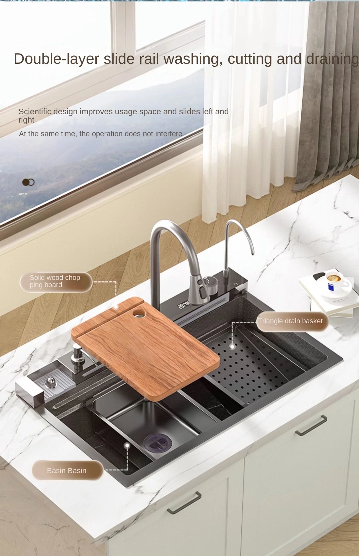 Multifunction Piano Kitchen Sink in Stainless Steel with LED Panel | 30" x 18" inch | Scratch Proof Honeycomb Layering