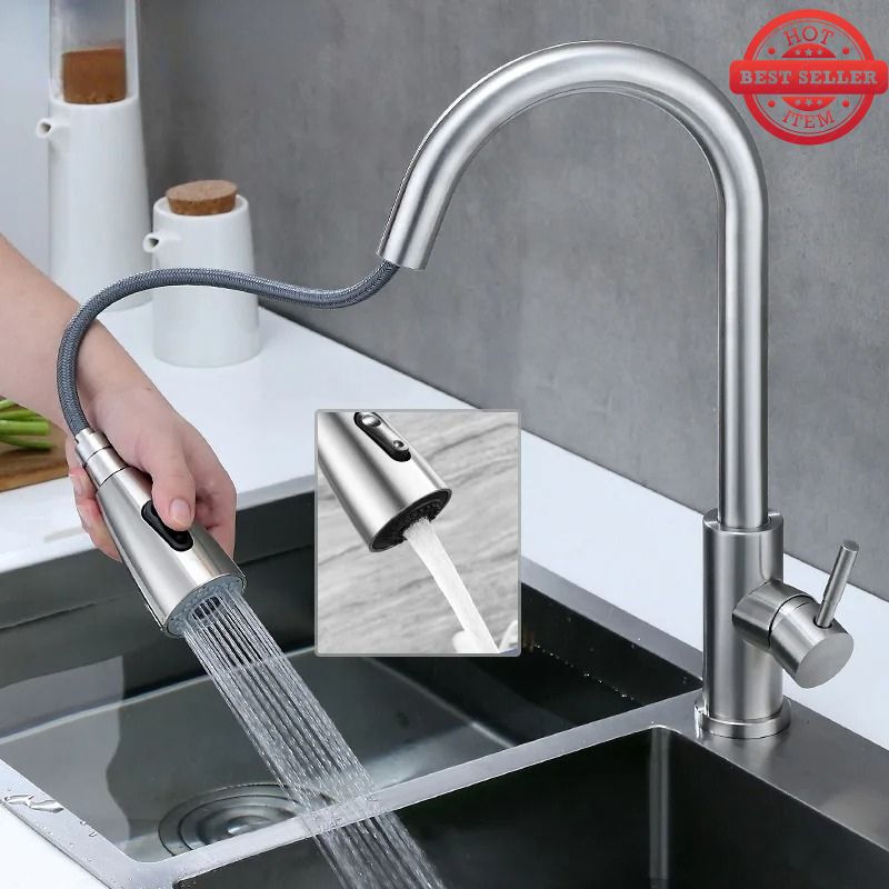 360° Pull Out Stainless Steel Kitchen Mixer in Shiny Chrome | Shower and Bubble Modes | Hot and Cold