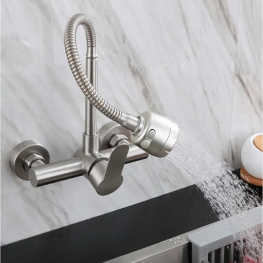 Premium 12" inches Long Neck Stainless Steel Kitchen Faucet | Hot and Cold Mixer | Wall Mount | 360° Moveable