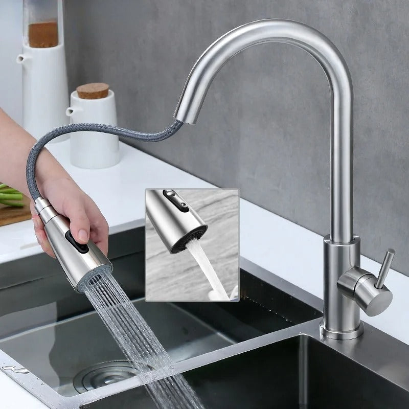 360° Pull Out Stainless Steel Kitchen Mixer in Shiny Chrome | Shower and Bubble Modes | Hot and Cold