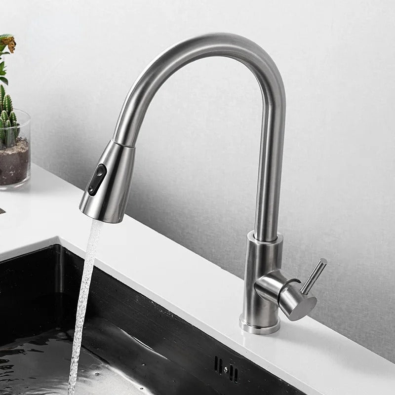 360° Pull Out Stainless Steel Kitchen Mixer in Shiny Chrome | Shower and Bubble Modes | Hot and Cold