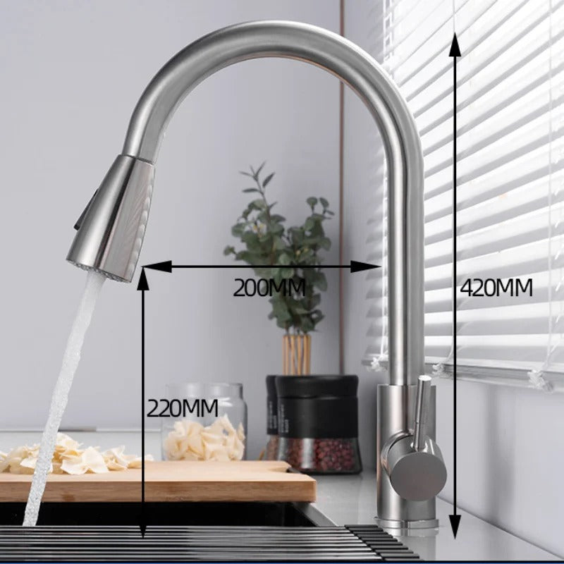 360° Pull Out Stainless Steel Kitchen Mixer in Shiny Chrome | Shower and Bubble Modes | Hot and Cold