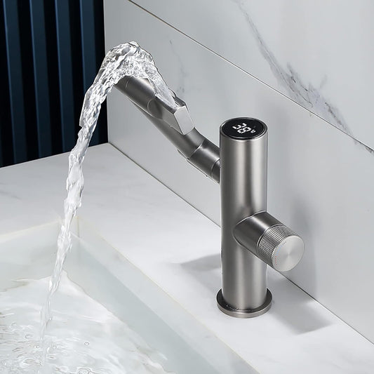 Premium 360° Swivel Waterfall Sink Faucet with Digital Temperature Display for Bathroom and Wash Basin in Metallic Grey | Hot and Cold Mixer