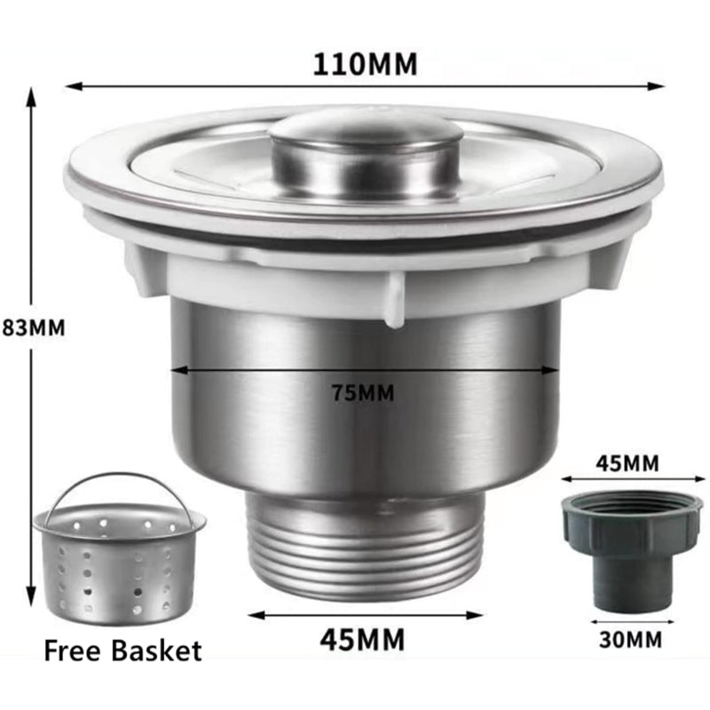 Kitchen Sink Drain with Removable Strainer Basket in Stainless Steel  3.5" inches Inlet Size