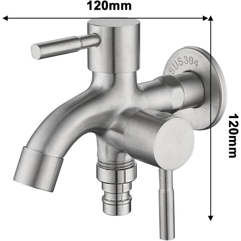 Two Way Double Bib Tap in Stainless Steel for Bathrooms, Kitchens, Wash Areas or Washing Machine