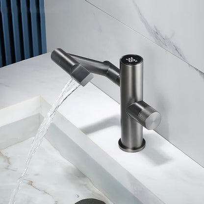 Premium 360° Swivel Waterfall Sink Faucet with Digital Temperature Display for Bathroom and Wash Basin in Metallic Grey | Hot and Cold Mixer