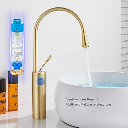 Premium Slim Neck Basin Faucet 17" inches in Copper Gold | Stainless Steel | Hot and Cold Mixer