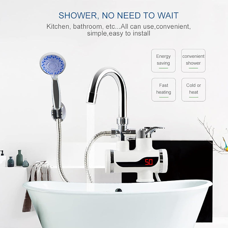 Instant 360° Electric Water Heating Tap + Shower + 1 Meter Pipe | Shock-Proof Design | Digital Temp° Display | Hot and Cold Water