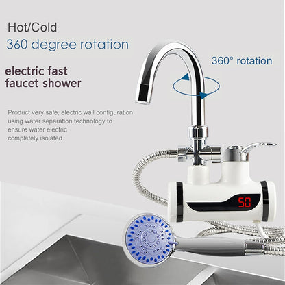 Instant 360° Electric Water Heating Tap + Shower + 1 Meter Pipe | Shock-Proof Design | Digital Temp° Display | Hot and Cold Water