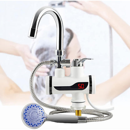 Instant 360° Electric Water Heating Tap + Shower + 1 Meter Pipe | Shock-Proof Design | Digital Temp° Display | Hot and Cold Water