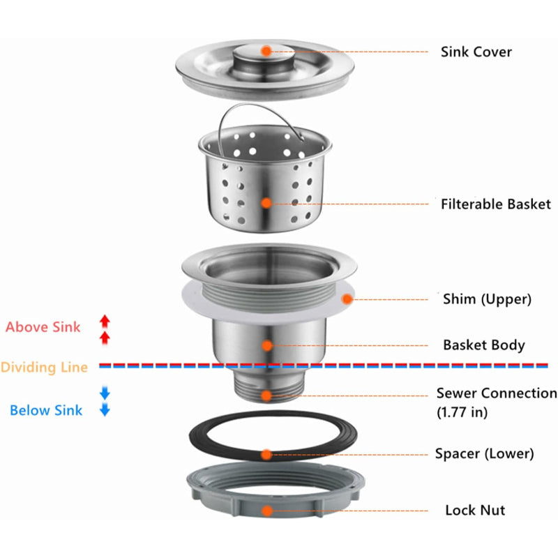 Kitchen Sink Drain with Removable Strainer Basket in Stainless Steel  3.5" inches Inlet Size