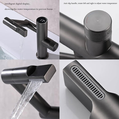 Premium 360° Swivel Waterfall Sink Faucet with Digital Temperature Display for Bathroom and Wash Basin in Metallic Grey | Hot and Cold Mixer