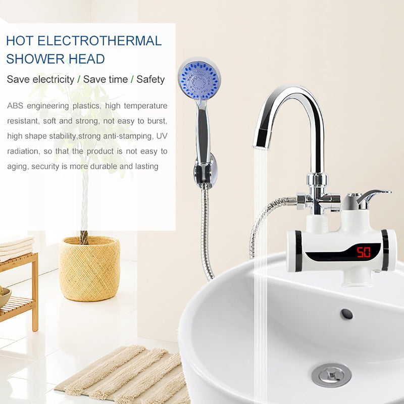 Instant 360° Electric Water Heating Tap + Shower + 1 Meter Pipe | Shock-Proof Design | Digital Temp° Display | Hot and Cold Water