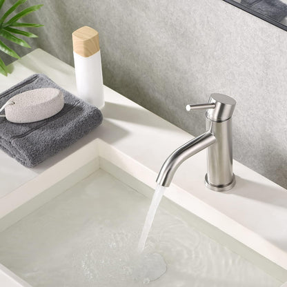 Long Neck Bathroom Basin 7" inch Faucet in Brushed Nickel | Stainless Steel | Hot and Cold Mixer | Single Handle