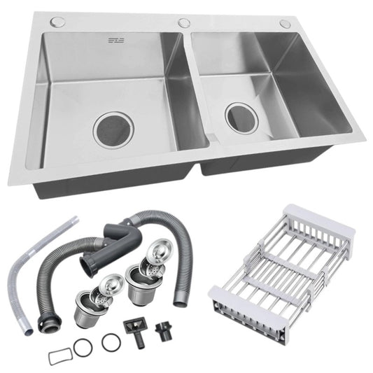 32x18 inches Handmade Kitchen Sink in Stainless Steel 8245 | Double Bowl | Drains + Rinse Basket