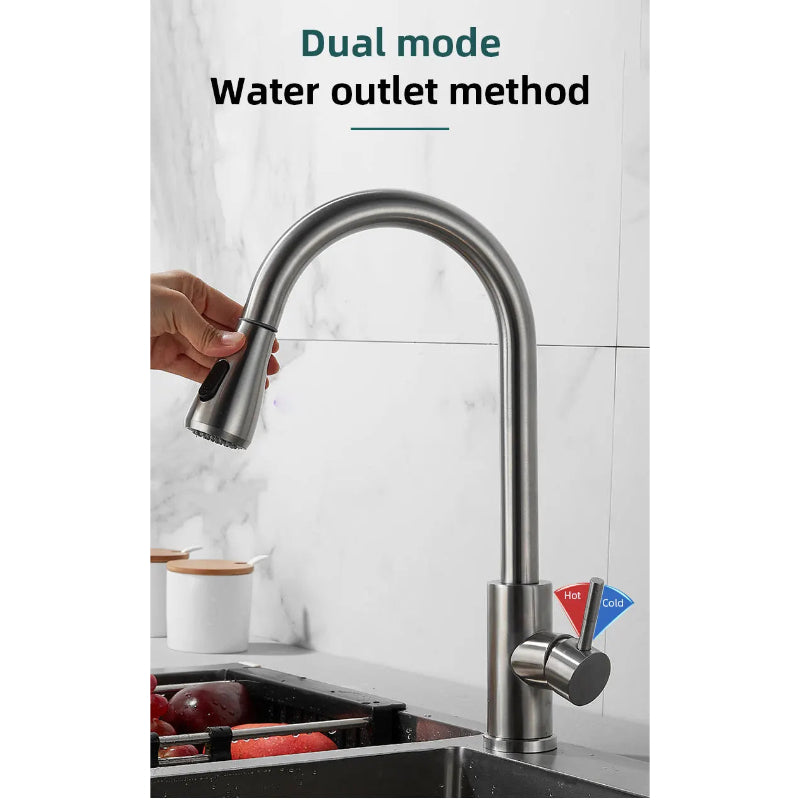 360° Pull Out Stainless Steel Kitchen Faucet in All Silver | Shower and Bubble Modes | Hot and Cold Mixer | Splash Proof