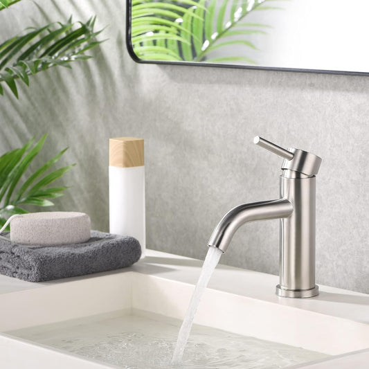 Long neck brushed nickel bathroom faucet

