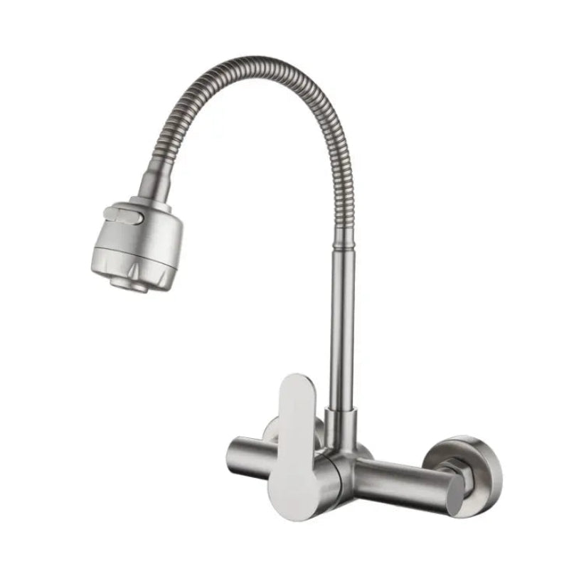 360° Movable Long Neck Stainless Steel Kitchen Faucet | Hot and Cold Mixer | Wall Mount