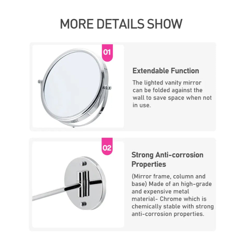 Makeup Mirror 360° Moveable for Dressers, Bathrooms | 8" inches Magnifying Mirror Both Sides | Wall-Mounted