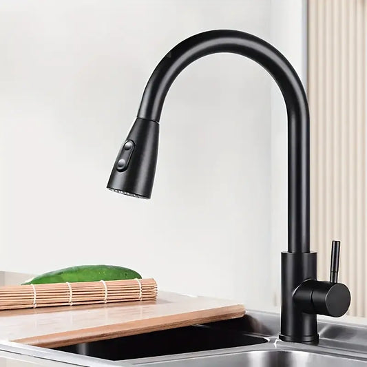 360° Pull Out Stainless Steel Kitchen Faucet in All Black | Shower and Bubble Modes | Hot and Cold Mixer | Splash Proof